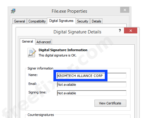 Screenshot of the KROMTECH ALLIANCE CORP certificate